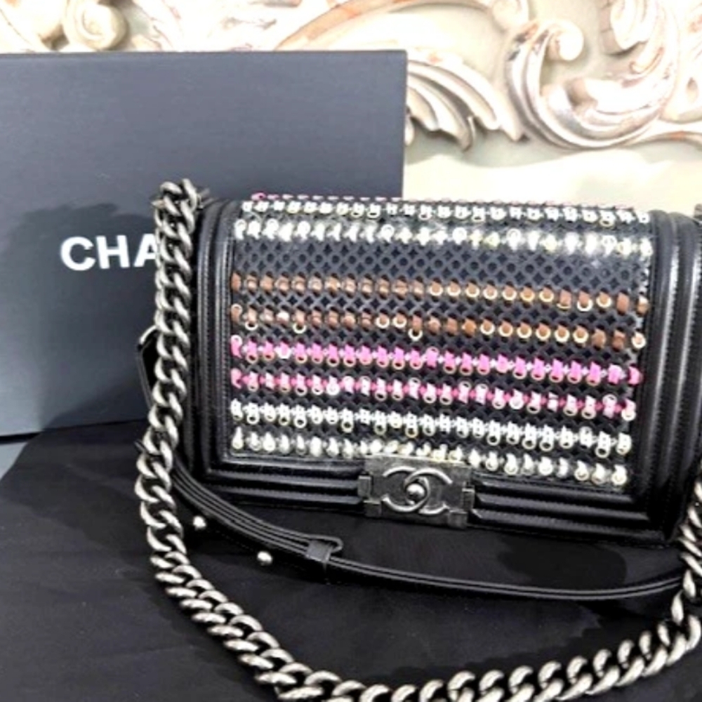 Chanel TWEED WOVEN Medium Boy Flap Bag Embellished Black Lambskin Box & Dustbag